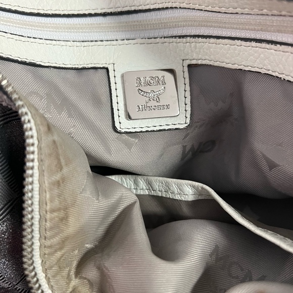 Authentic MCM Munchen Monogram Satchel Chain Handle Handbag Gray White - Picture 9 of 11